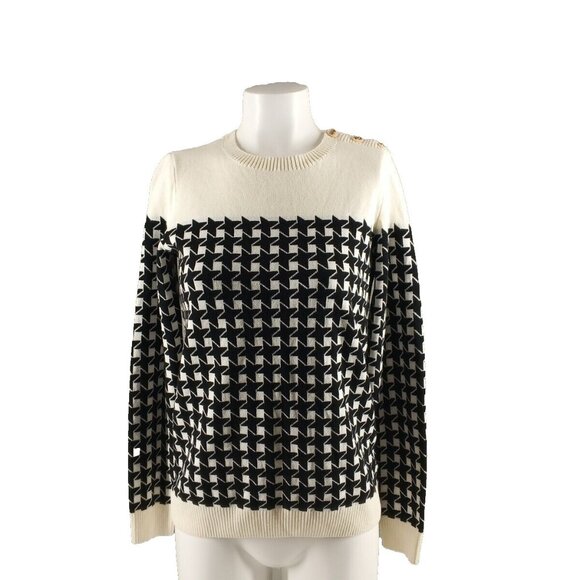 NWT CHARTER CLUB Houndstooth Fall Sweater S(4-6)Button Closure B/W Cotton Crew - Picture 1 of 13